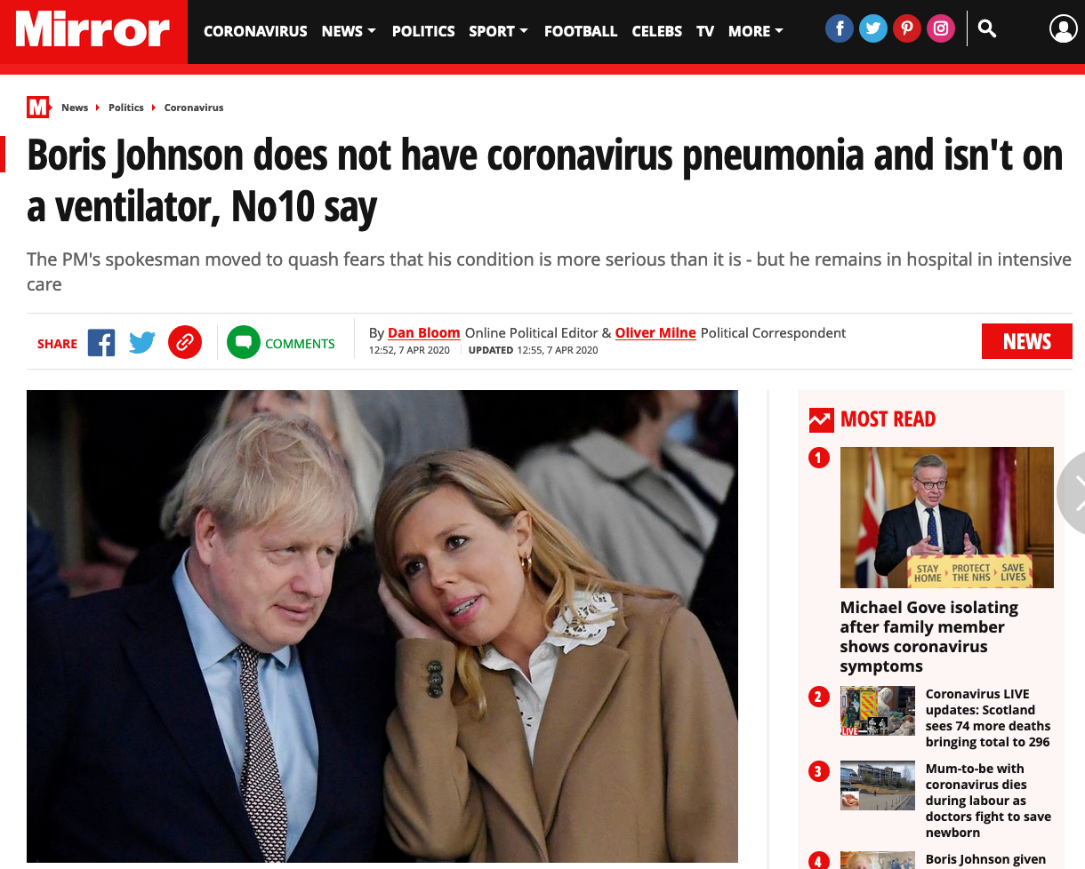 『呼吸机』官方发言人：约翰逊未被诊断出患有肺炎 没上呼吸机