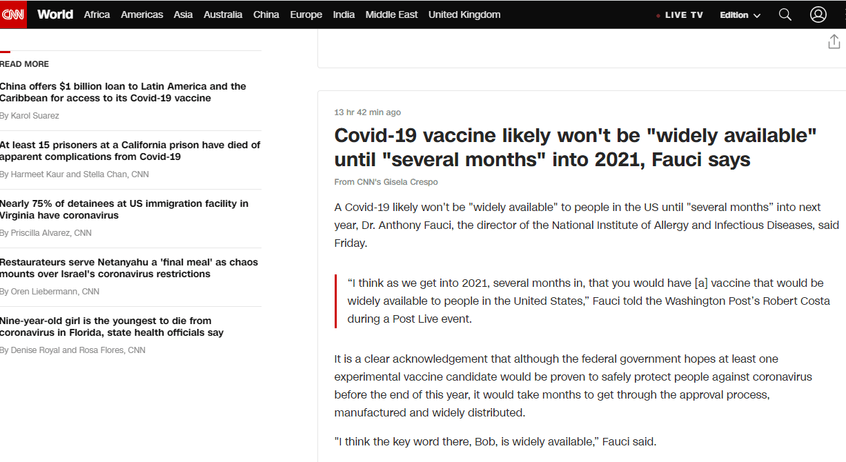 疫苗|新冠疫苗何时能被广泛使用？福奇：今年不可能