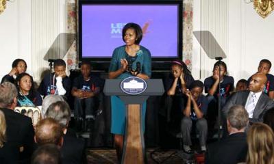 U.S.&nbsp;First&nbsp;lady&nbsp;Michelle&nbsp;Obama&nbsp;announces&nbsp;a&nbsp;campaign&nbsp;to&nbsp;combat&nbsp;the&nbsp;rapidly&nbsp;growing&nbsp;problem&nbsp;of&nbsp;childhood&nbsp;obesity,&nbsp;Tuesday,&nbsp;Feb.&nbsp;9,&nbsp;2010,&nbsp;in&nbsp;the&nbsp;State&nbsp;Dining&nbsp;Room&nbsp;of&nbsp;the&nbsp;White&nbsp;House&nbsp;in&nbsp;Washington.&nbsp;(Xinhua/Reuters&nbsp;Photo)