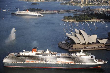 Cunard&nbsp;ocean&nbsp;liner&nbsp;Queen&nbsp;Victoria&nbsp;(front)&nbsp;passes&nbsp;the&nbsp;Sydney&nbsp;Opera&nbsp;House&nbsp;as&nbsp;sister&nbsp;ship&nbsp;the&nbsp;QE2&nbsp;waits&nbsp;to&nbsp;swap&nbsp;berths&nbsp;in&nbsp;Sydney&nbsp;Harbour&nbsp;February&nbsp;24,&nbsp;2008&nbsp;before&nbsp;the&nbsp;QE2&nbsp;begins&nbsp;her&nbsp;final&nbsp;voyage&nbsp;ahead&nbsp;of&nbsp;becoming&nbsp;a&nbsp;floating&nbsp;hotel&nbsp;in&nbsp;Dubai&nbsp;and&nbsp;Queen&nbsp;Victoria&nbsp;continues&nbsp;her&nbsp;maiden&nbsp;106-night-long&nbsp;world&nbsp;voyage.&nbsp;(Xinhua/Reuters&nbsp;Photo)