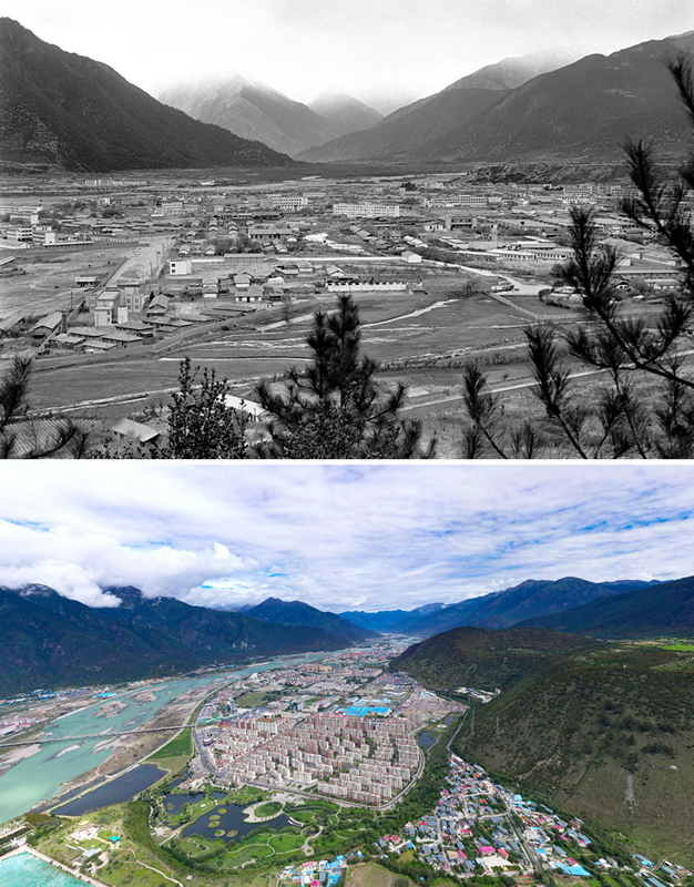 拼版照片：上圖是20世紀90年代的西藏林芝八一鎮(zhèn)；下圖是2021年7月20日拍攝的西藏林芝八一鎮(zhèn)風(fēng)貌。
