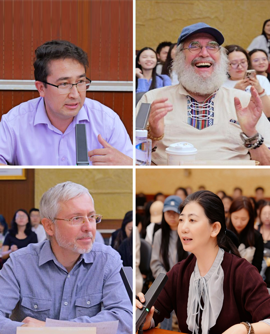 從左至右：中央民族大學中國少數民族語言文學學院助理教授祖農・納司爾丁，&ldquo;中國政府友誼獎&rdquo;獲得者、中央民族大學外國語學院教授、美國專家馬克・力文，中央民族大學哲學與宗教學學院教授、俄羅斯專家阿列克斯，中國高校影視學會民族影視與非遺影像專業委員會會長、中央民族大學新聞與傳播學院教授趙麗芳