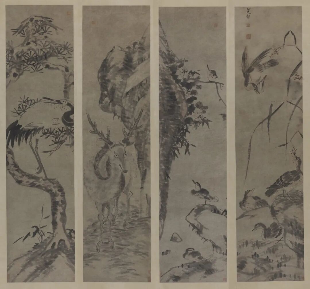 鹤鹿凫雁图 八大山人 中国画 180.5×44.1cm×4 清代 中国美术馆藏(1964年邓拓捐赠)