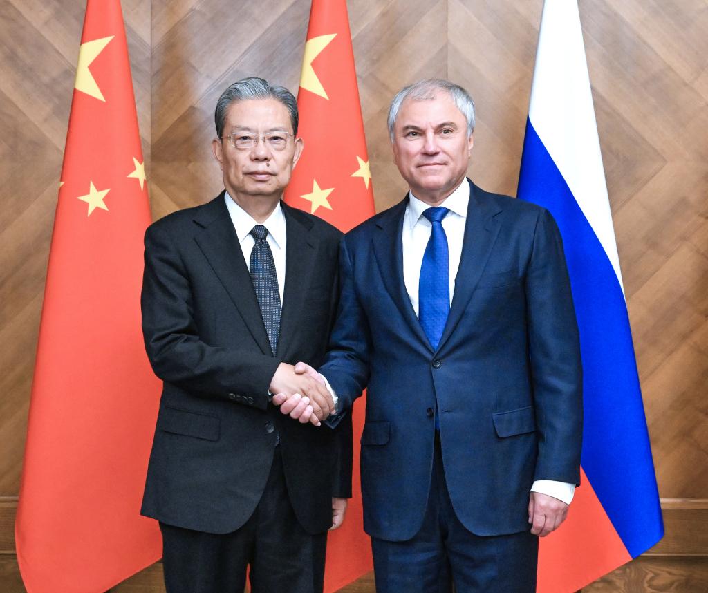 Zhao Leji, chairman of China‘s National People’s Congress Standing Committee, holds talks with Chairman of the Russian State Duma Vyacheslav Volodin in Moscow, Russia, May 28, 2026. (Xinhua/Rao Aimin)
