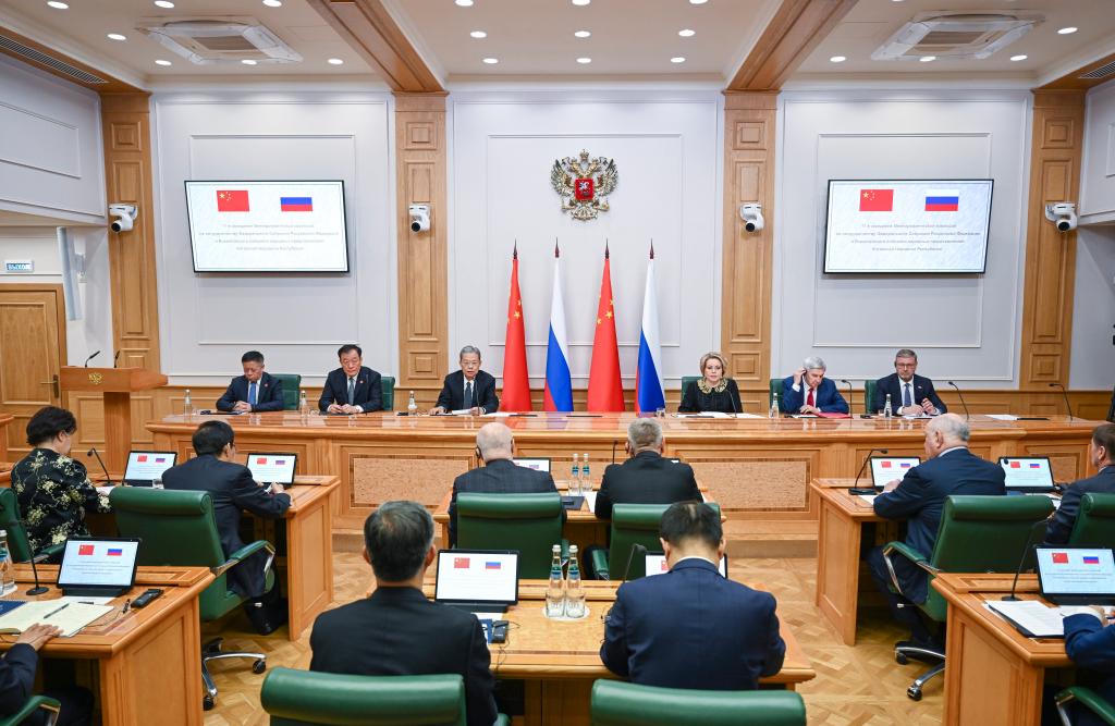 Zhao Leji, chairman of China‘s National People’s Congress Standing Committee, and Russian Federation Council Speaker Valentina Matviyenko attend the 11th meeting of the China-Russia committee for parliamentary cooperation in Moscow, Russia, May 28, 2026. (Xinhua/Zhang Ling)