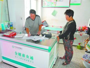 店门口挂着一块写着""金穗惠农通"服务示范点"的牌子,屋里收银台上有