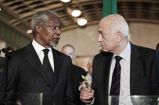 United Nations and Arab League special envoy to Syria Kofi Annan (L) and Arab League Secretary General Nabil al-Arabi (R) speak during a press conference at the Arab League headquarters in Cairo. Annan, warned Thursday that further militarisation in Syria will worsen a conflict there that has left thousands dead in a year.