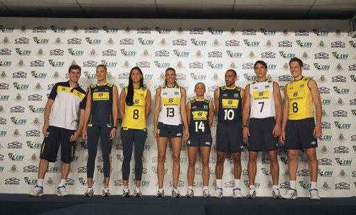 Brazil's volleyball players present the new national team uniform for the London 2012 Olympic Games at Brazilian Volleyball Federation's training centre in Saquarema, about 60 miles (97 km) east of Rio de Janeiro, May 4, 2012.