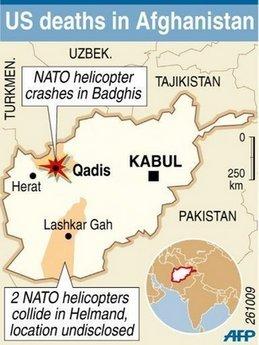 Map&nbsp;of&nbsp;Afghanistan&nbsp;locating&nbsp;NATO&nbsp;helicopter&nbsp;crashes&nbsp;in&nbsp;Badghis&nbsp;and&nbsp;Helmand&nbsp;provinces.&nbsp;US&nbsp;President&nbsp;Barack&nbsp;Obama&nbsp;vowed&nbsp;after&nbsp;his&nbsp;latest&nbsp;Afghan&nbsp;war&nbsp;council&nbsp;that&nbsp;he&nbsp;would&nbsp;not&nbsp;rush&nbsp;a&nbsp;decision&nbsp;on&nbsp;whether&nbsp;to&nbsp;send&nbsp;tens&nbsp;of&nbsp;thousands&nbsp;more&nbsp;troops&nbsp;into&nbsp;the&nbsp;eight-year&nbsp;conflict.(AFP/Graphic)&nbsp;