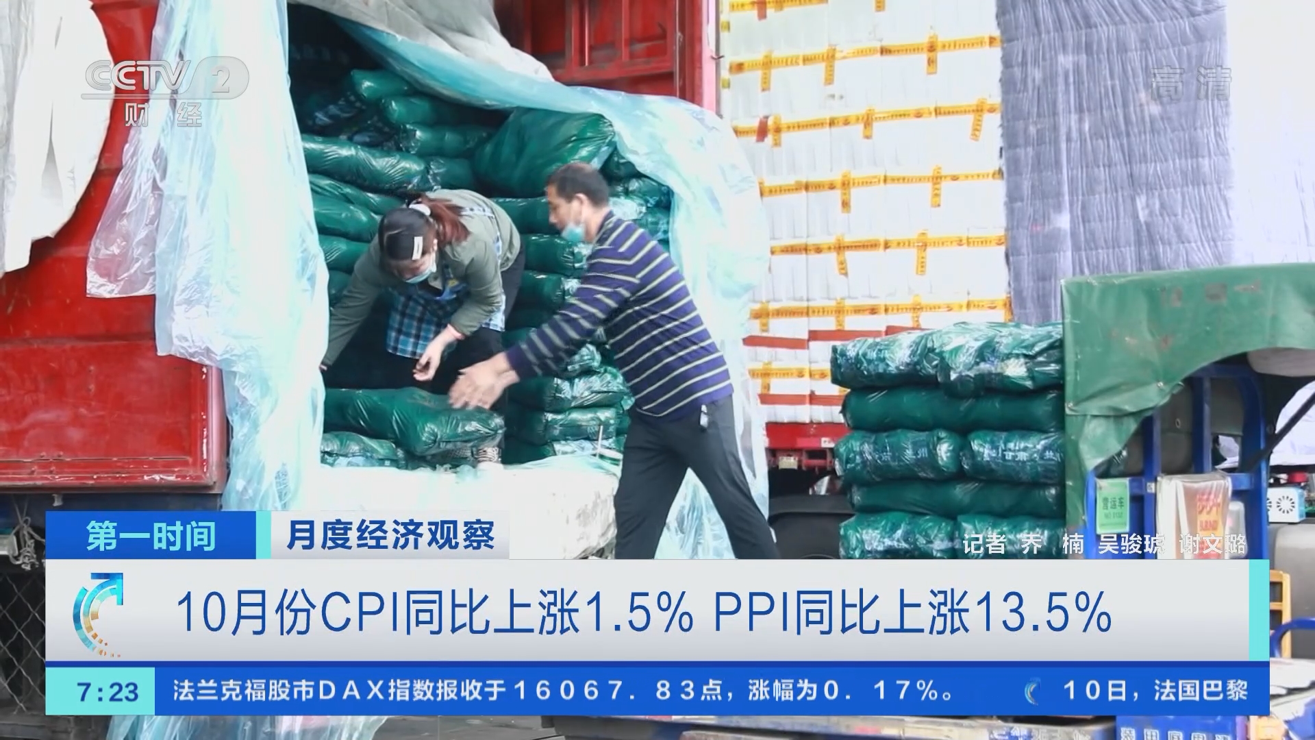 第一时间]月度经济观察10月份CPI同比上涨1.5% PPI同比上涨13.5%