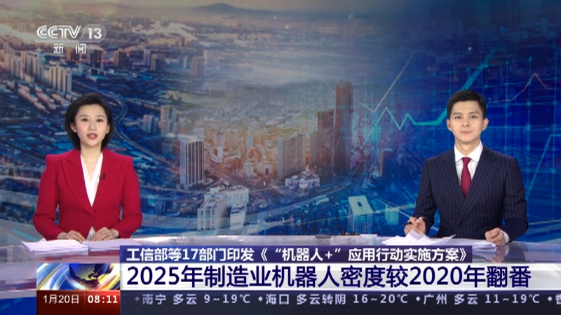 [朝闻天下]工信部等17部门印发《“机器人+”应用行动实施方案》 2025年制造业机器人密度较2020年翻番