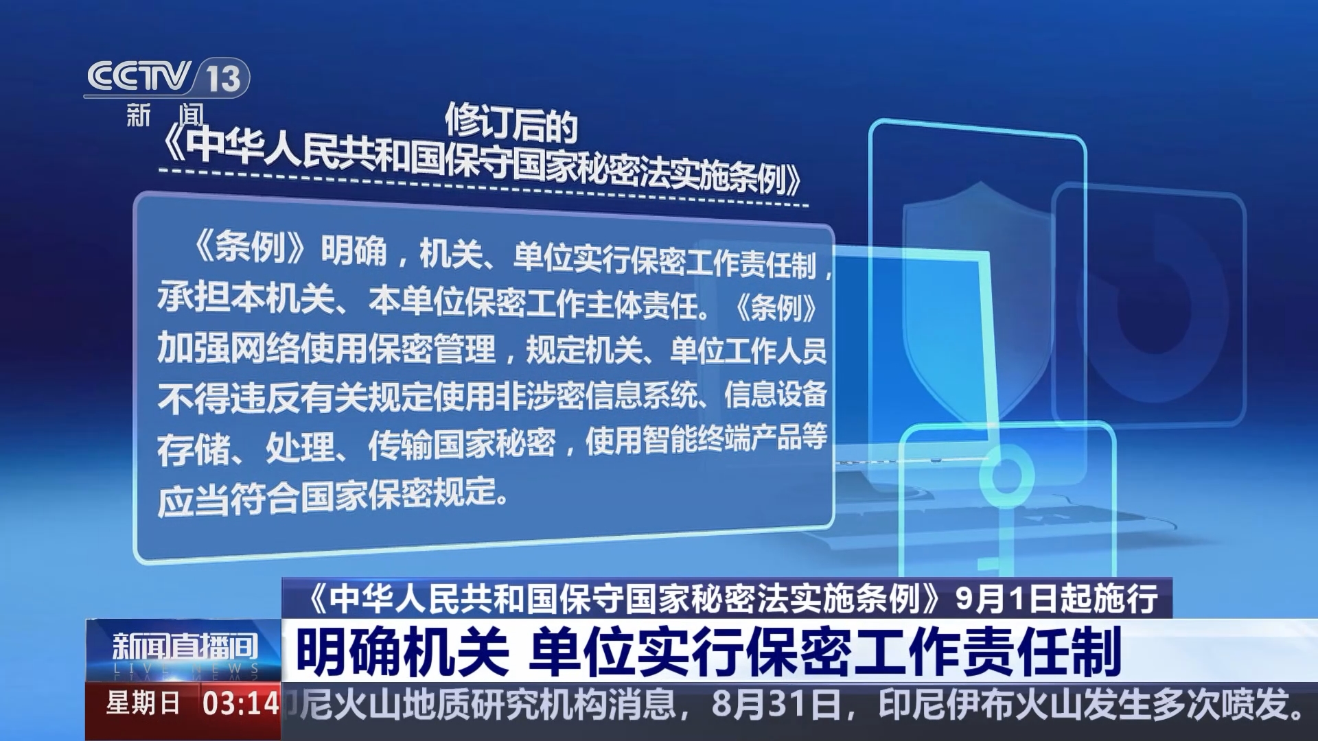 新闻直播间]《中华人民共和国保守国家秘密法实施条例》9月1日起施行明确机关单位实行保密工作责任制