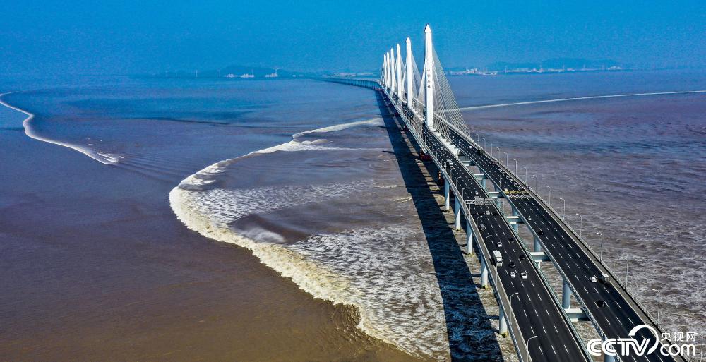 浙江绍兴钱塘江潮水滚滚而来