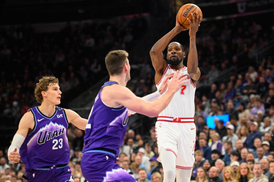 杜兰特空砍32+9马尔卡宁29分 爵士背靠背复仇火箭