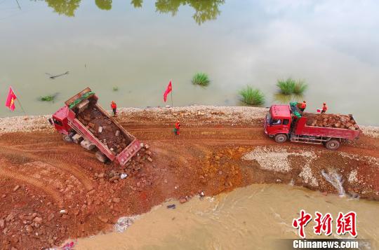 江西鹰潭马荃圩堤崩塌救援现场：挖掘机轰鸣加固作业中