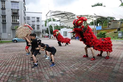 马来亚大学学生活动中心门前的广场上，马大醒狮团的团员们正在进行日常训练 本报记者 杨一 摄