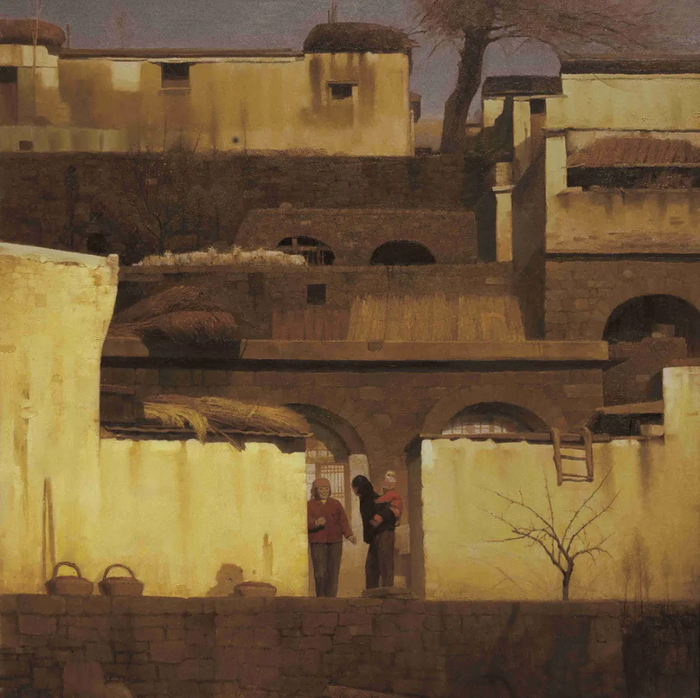 《乡邻细语》 获第八届全国美展优秀奖  油画 亚麻布  80.5cm×80.5cm  1994年