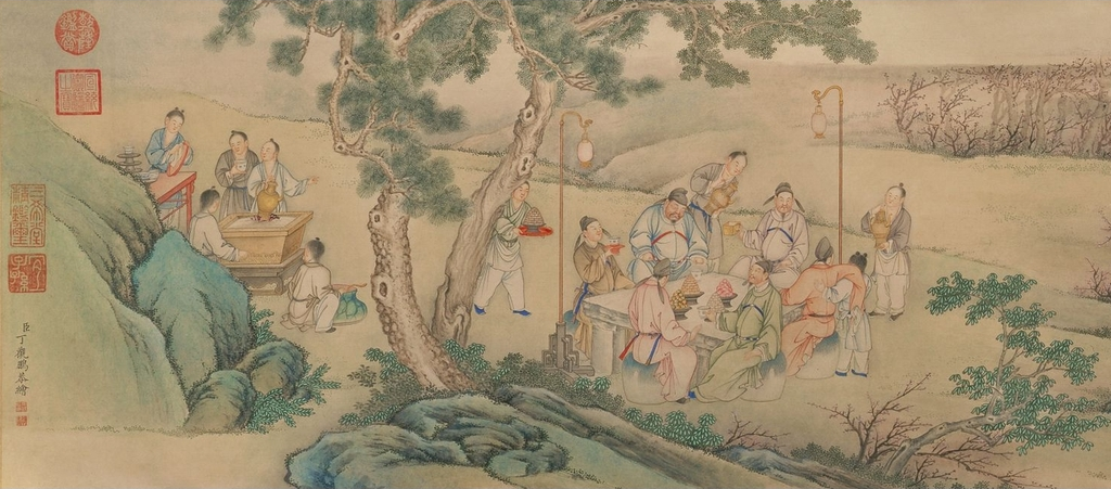 清·丁观鹏《夜宴桃李园图》，纸本设色手卷，故宫博物院藏