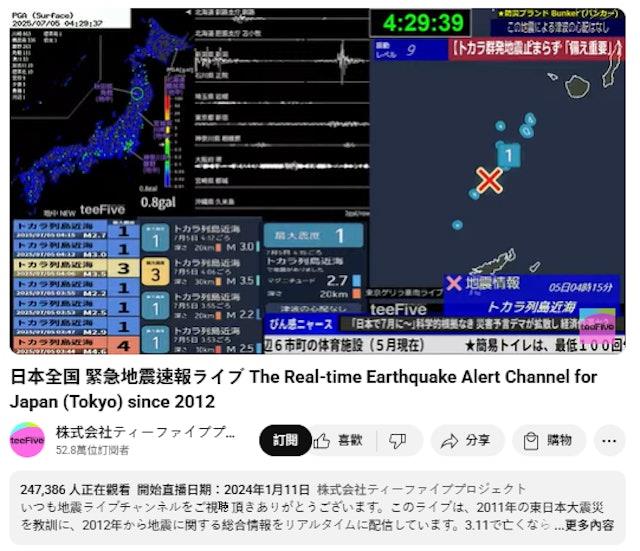 日本全国紧急地震速报的Youtube直播在2025年7月5日当天凌晨4时左右有接近25万人观看（网页截图）