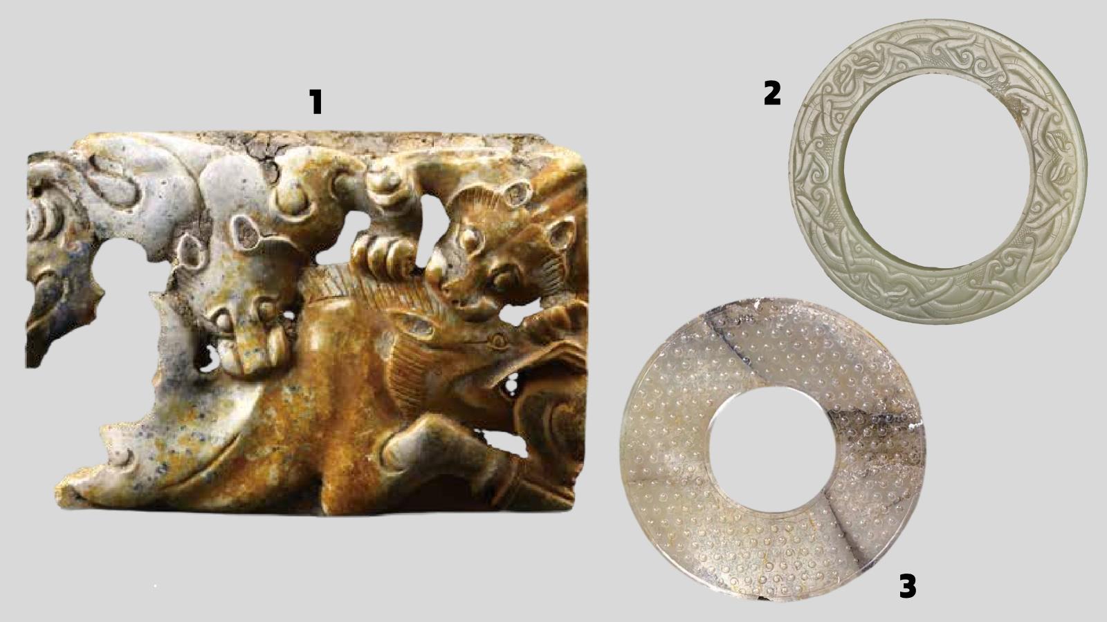 1：双狼猎猪纹石嵌饰 2：夔龙纹玉环 3：谷纹蒲纹玉璧 汉代 南昌汉代海昏侯国遗址博物馆藏