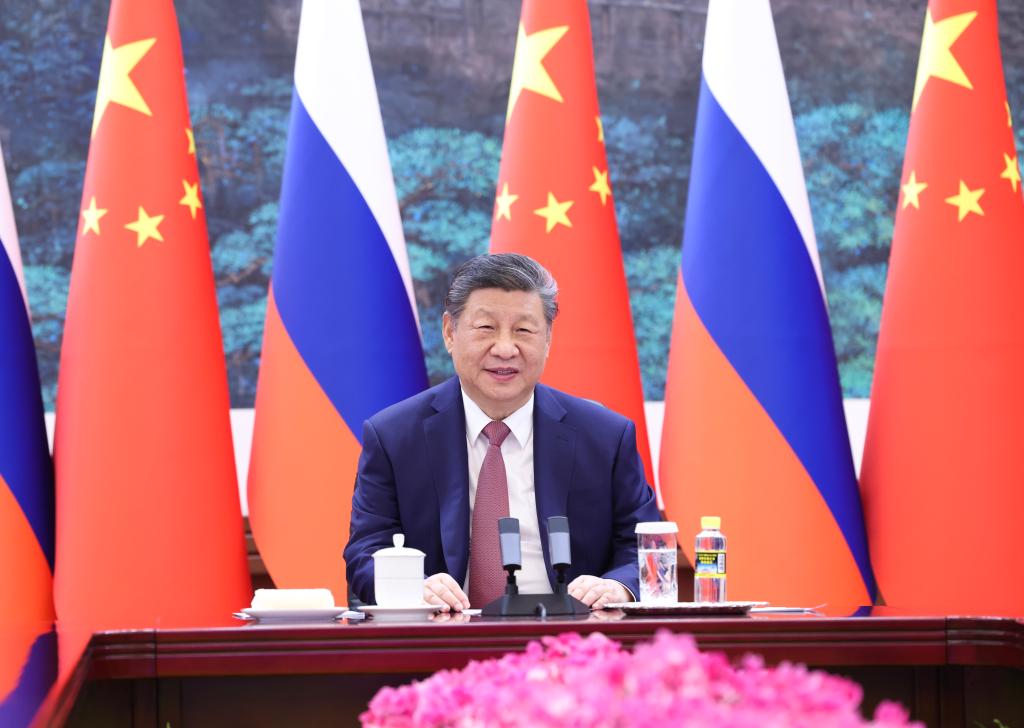 Chinese President Xi Jinping holds a virtual meeting with Russian President Vladimir Putin at the Great Hall of the People in Beijing, capital of China, Feb. 4, 2026. (Xinhua/Huang Jingwen)