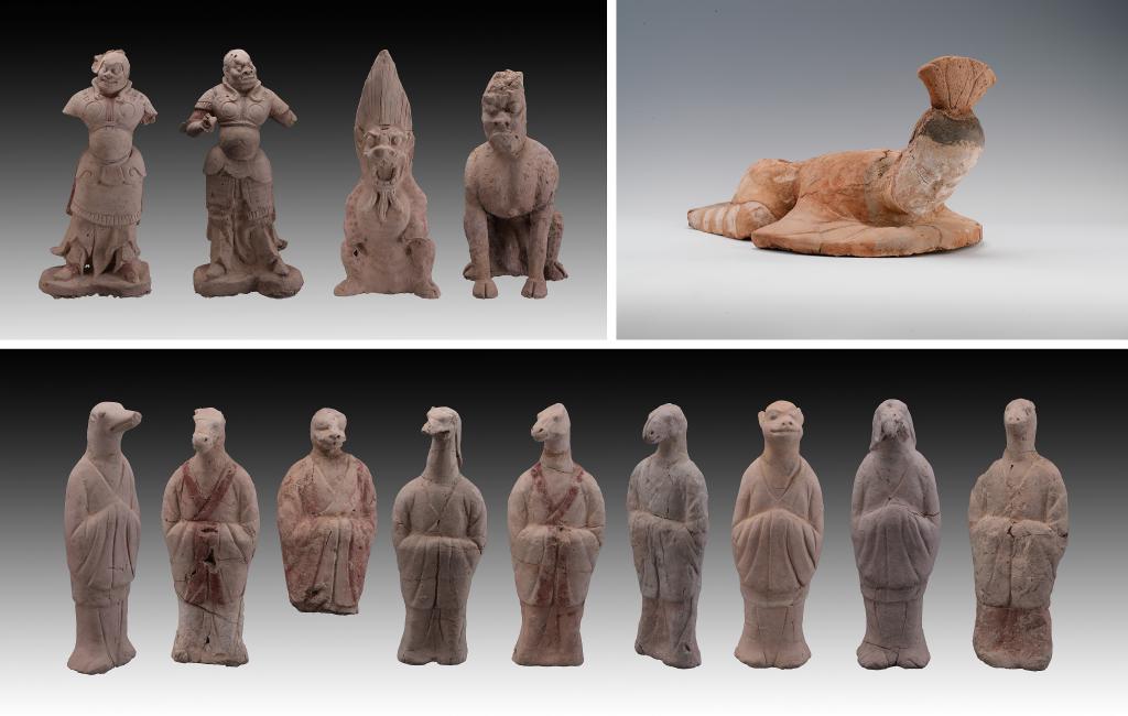 拼版照片：新疆吐鲁番市巴达木东晋唐时期墓群出土的陶俑（资料照片）。新华社 发